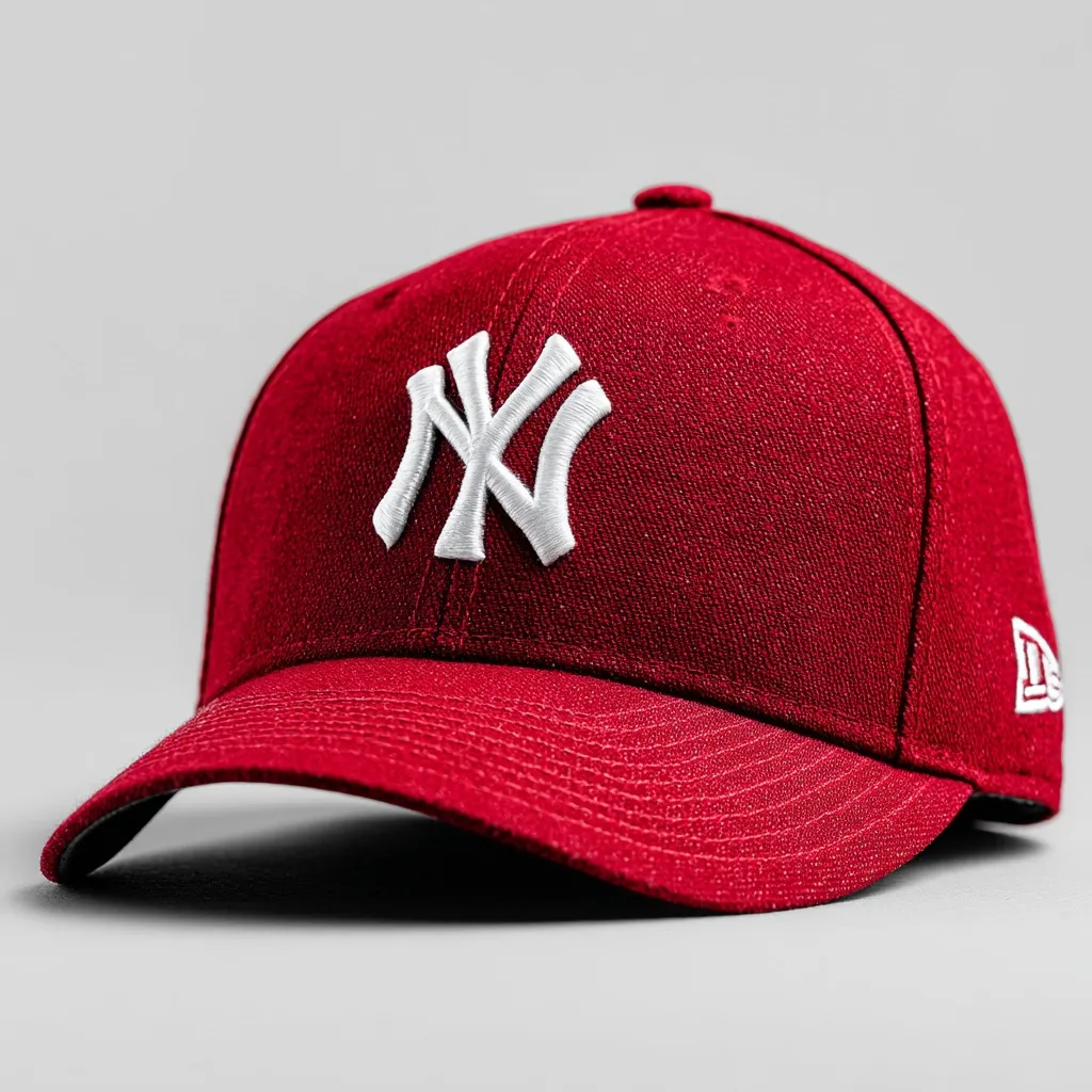 A red New Era 9FIFTY baseball cap is showcased.  The cap features a classic New York Yankees logo embroidered in white on the front. The structured design and curved brim are clearly visible.  The image is clean and highlights the cap's rich color and detail.  The New Era logo is subtly displayed on the side.