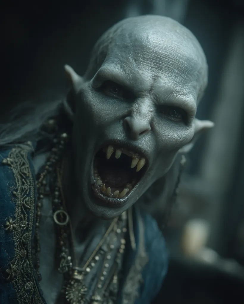 A close-up reveals a pale, monstrous figure with pointed ears and fangs bared in a menacing snarl.  Its skin is ashen, and its eyes are dark and intense.  The creature wears ornate, dark clothing and necklaces, adding to its sinister appearance.  The overall mood is dark and unsettling, suggestive of a fantasy or horror context.