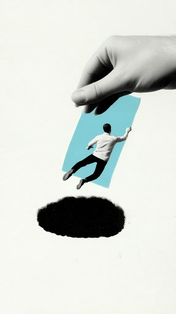 A large hand holds a light blue rectangular piece of paper.  On the paper, a small man is depicted falling.  Below the paper, a dark, irregular shape suggests a hole or abyss.  The image uses contrasting black and white tones with the exception of the blue paper, creating a surreal and unsettling visual. The composition suggests themes of vulnerability, control, and impending doom.