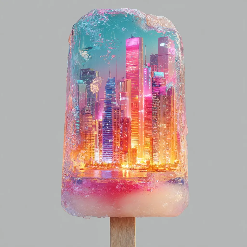 A vibrant image depicts a popsicle with a city skyline frozen inside.  The ice is translucent, showcasing a nighttime cityscape in warm and cool colors.  Tall buildings glow brightly, reflecting on the water at the base.  The popsicle itself is pale pink and white, mounted on a wooden stick.  The overall effect is surreal and visually striking, juxtaposing cold and warmth, urban and natural.