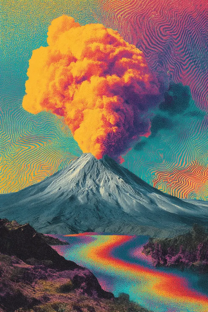 A vibrant, psychedelic artwork depicts a volcano erupting a massive, orange-hued plume of smoke against a swirling, multicolored sky.  The volcano is grey and imposing, set against a landscape with a rainbow-colored river winding through it. The overall style is surreal and dreamlike, with a textured, almost glitching effect throughout.  The colors are intense and saturated, creating a visually striking image.