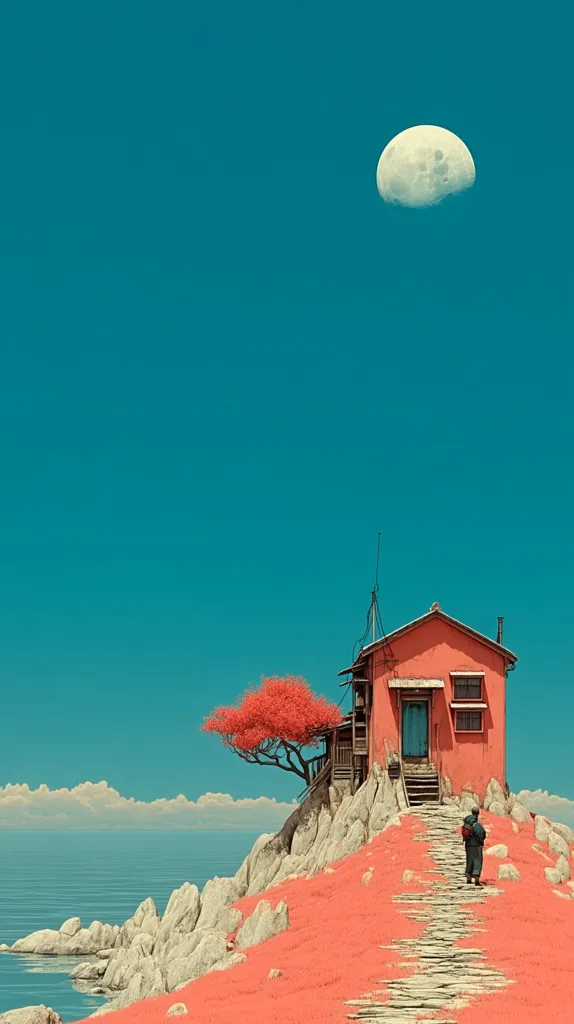 A vibrant digital illustration showcases a solitary figure walking towards a coral-colored house perched atop a rocky cliff overlooking a tranquil sea.  The cliff is covered in a carpet of coral-hued flora, and a single, similarly colored tree stands near the house.  A half-moon hangs in the clear, teal sky, adding to the serene yet surreal atmosphere.  The overall style is minimalist and dreamlike.