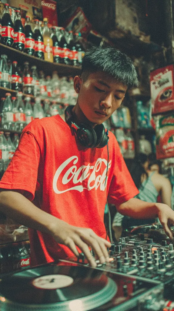 A young man, wearing a red Coca-Cola t-shirt and headphones around his neck, stands before a DJ setup in a dimly lit store.  Bottles of Coca-Cola and other beverages line the shelves behind him. He is intensely focused, his hands expertly manipulating the mixer and turntable. The atmosphere is both vibrant and intimate, suggesting a casual yet passionate setting.