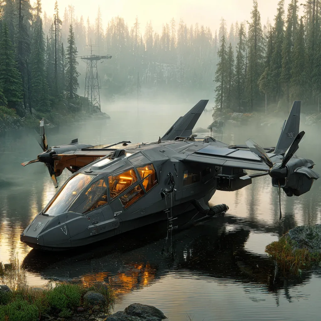 A futuristic, dark gray aircraft floats serenely on a calm lake, nestled within a misty, pine-forested landscape.  The aircraft, with its unique design and visible interior lighting, seems amphibious.  The scene is peaceful yet suggests a sense of mystery and advanced technology.  The soft light of dawn or dusk bathes the scene, enhancing the tranquil atmosphere.