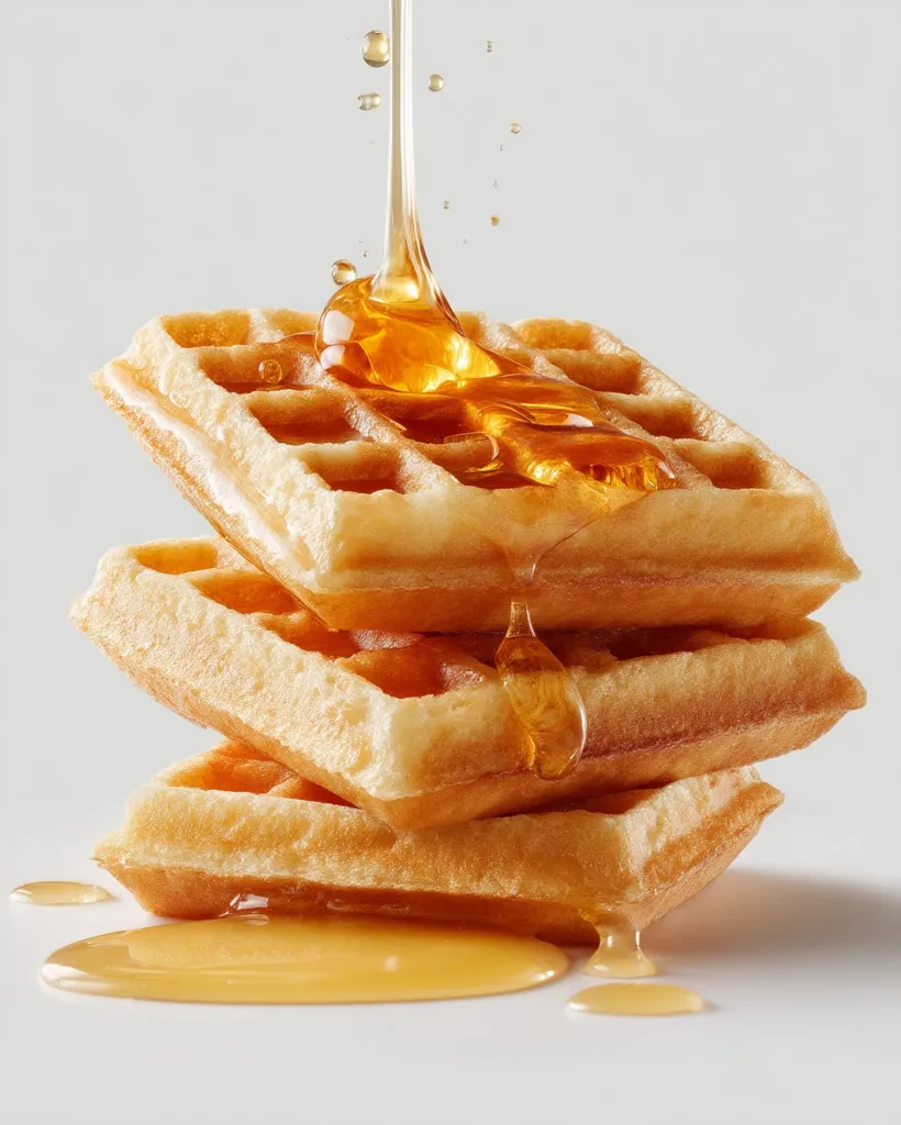 A stack of three golden-brown waffles is drizzled with a generous amount of amber honey.  The syrup flows down the sides of the waffles, pooling on the surface below.  The waffles appear light and fluffy, with crisp edges. The image is set against a plain white background, highlighting the warm tones of the waffles and honey.