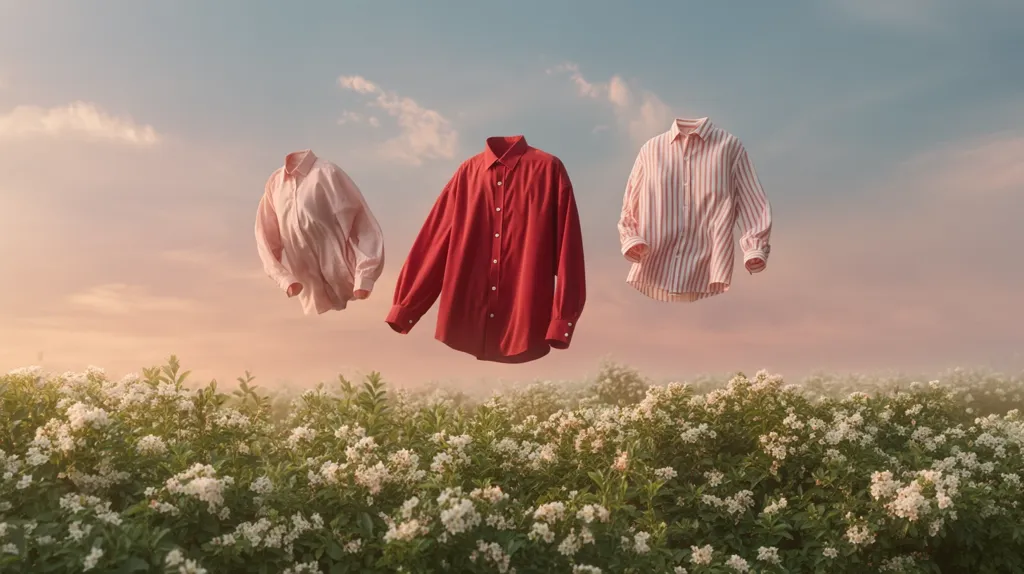 Three shirts, a red, a pink, and a pink striped one, float weightlessly above a field of blossoming white flowers under a soft, pastel sky.  The surreal scene evokes a sense of calm and tranquility, with the shirts seemingly suspended in mid-air, creating a whimsical and dreamlike atmosphere.