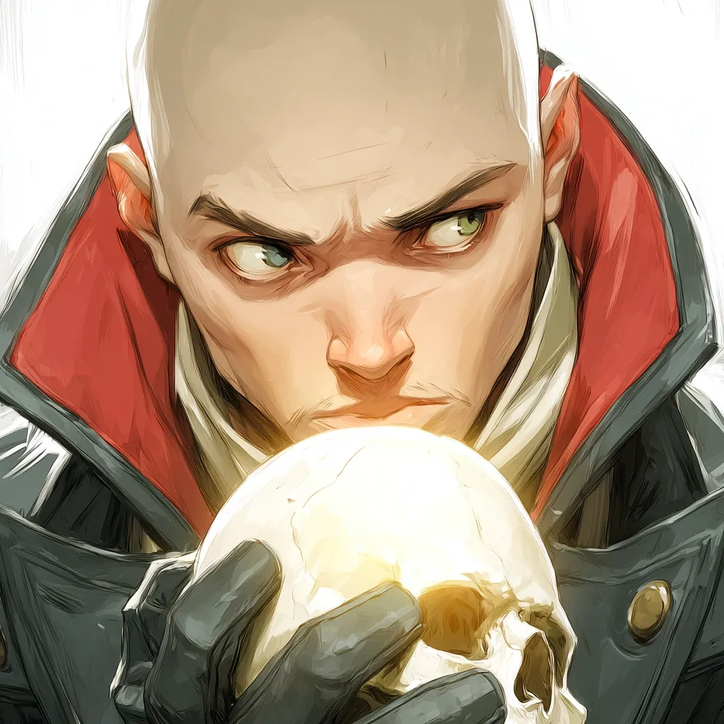 A close-up illustration depicts a bald, serious-faced man in a dark coat with red lining. He intently examines a human skull cradled in his gloved hands, a soft, golden light emanating from within the skull.  His expression is one of intense focus, perhaps contemplation or morbid curiosity. The style is painterly and highly detailed, emphasizing the character's features and the skull's texture.