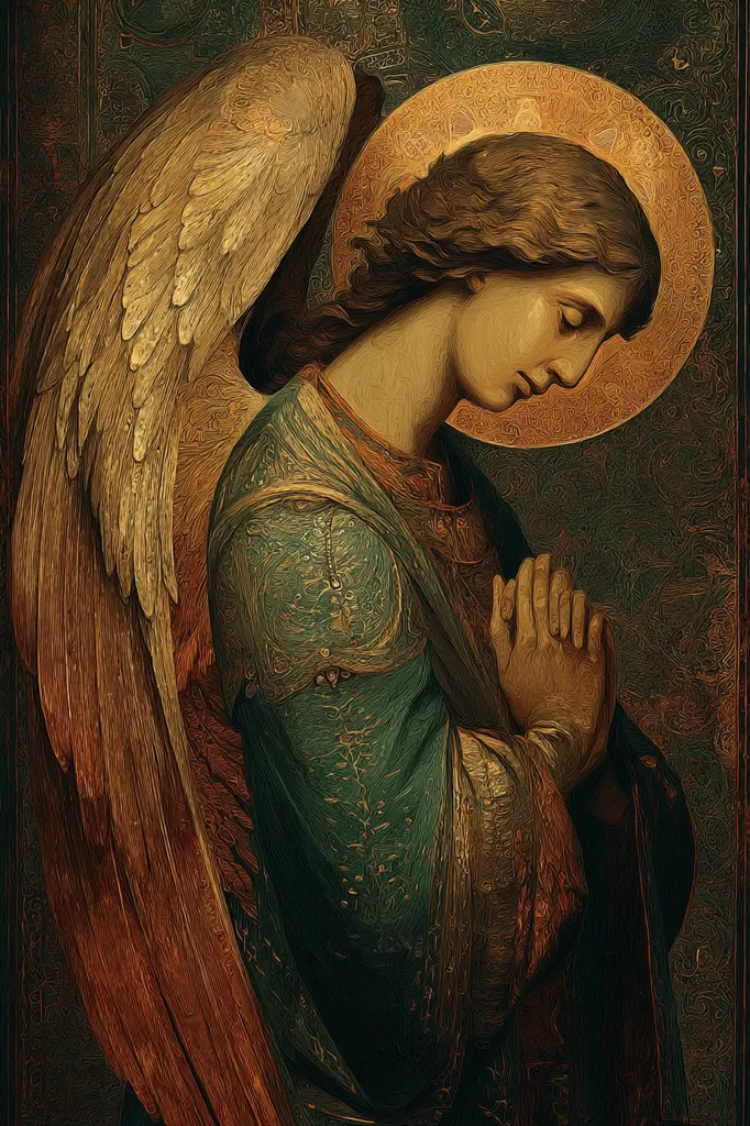 The image depicts a painting of an angel, rendered in a style reminiscent of old masters.  The angel, with large, feathered wings, is presented in a three-quarter view, head bowed in prayer, hands clasped together.  The angel's robe is richly detailed, featuring intricate patterns and embellishments in dark teal and gold. The background is a dark, textured surface with ornate detailing. The overall mood is one of reverence and serenity.
