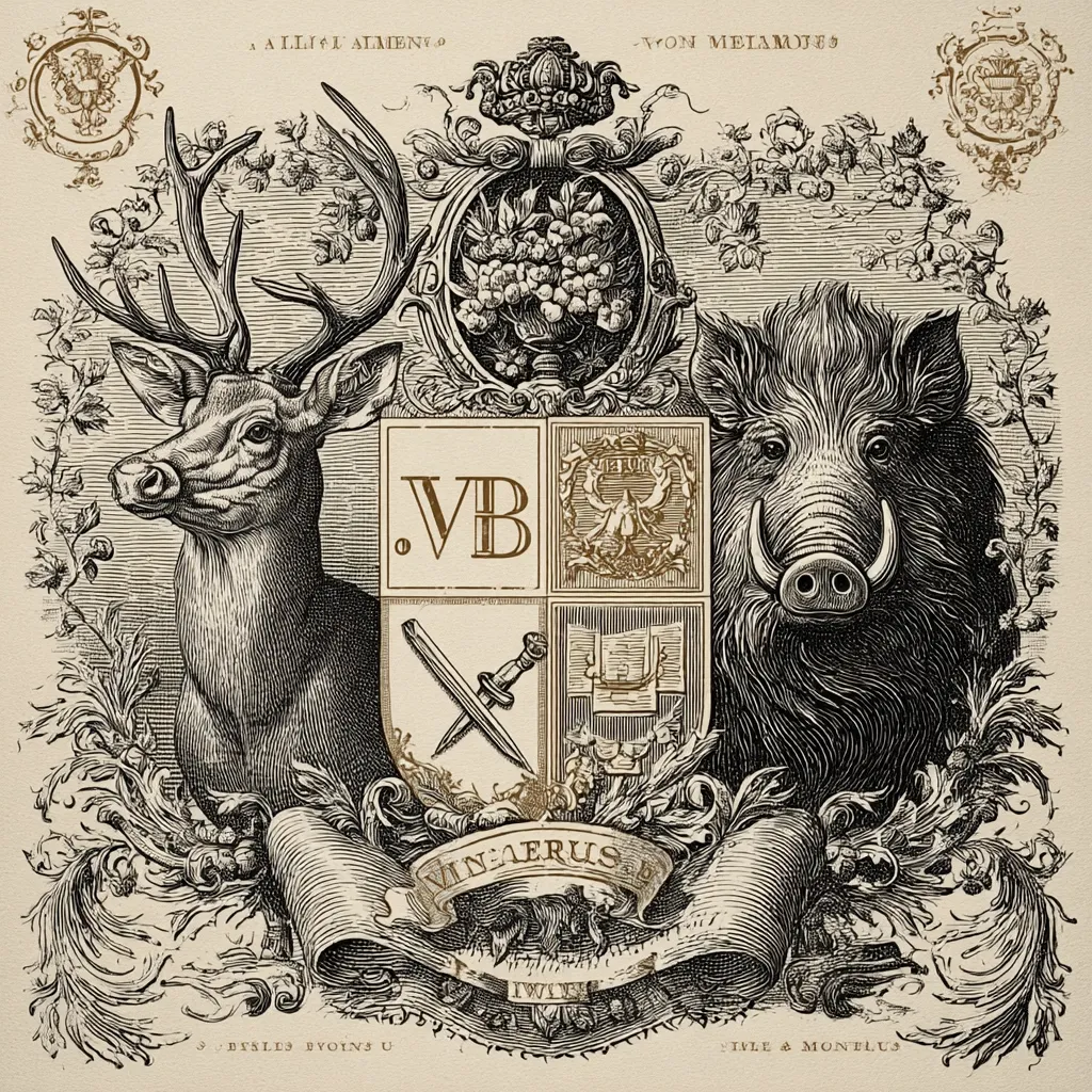 An intricately detailed coat of arms is depicted, featuring a central shield with the initials "VB."  Flanking the shield are a stag on the left and a boar on the right.  Ornate scrollwork and decorative elements, including a crown and grapevine motif, surround the main crest.  Latin inscriptions and smaller heraldic symbols are present throughout the design, suggesting a historical or fictional lineage. The overall style is reminiscent of vintage woodblock printing.