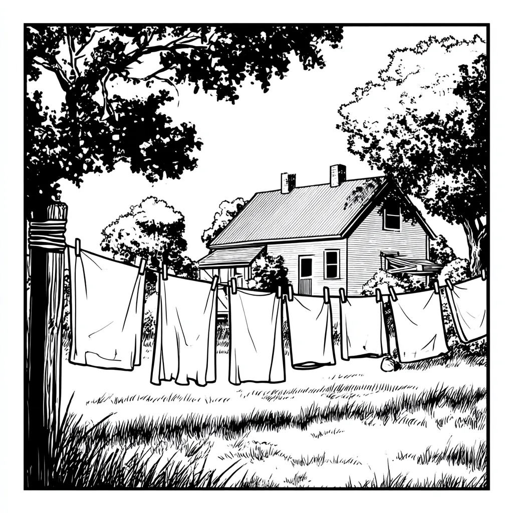 A black and white illustration depicts a tranquil country scene.  Laundry hangs on a clothesline in front of a simple farmhouse nestled amongst leafy trees. The style is reminiscent of a woodcut or linocut print, with bold lines and stark contrasts creating a peaceful, nostalgic atmosphere.  The scene suggests a quiet, idyllic rural life.