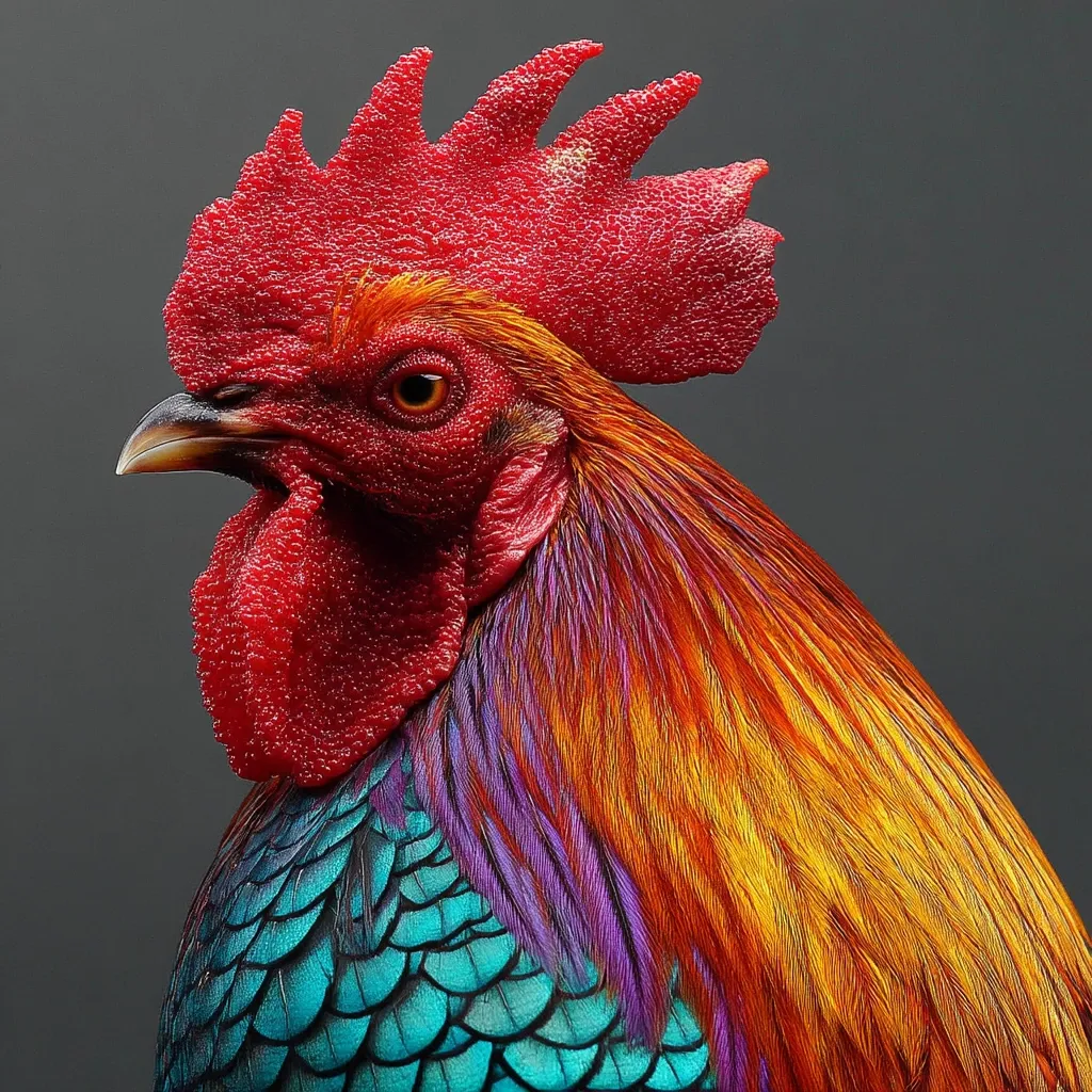 A vibrant rooster, sharply in focus against a muted gray background. Its plumage is a spectacle of color: a brilliant red comb and wattles contrast with the fiery orange and gold of its neck feathers, which transition to iridescent teal and purple on its breast.  The detailed texture of the feathers is strikingly visible, highlighting the bird's rich coloration. The rooster's intense gaze adds to its regal presence.