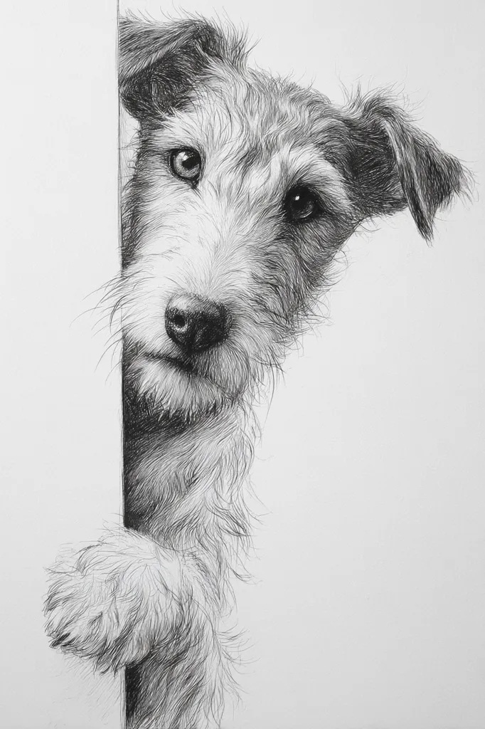 A meticulously detailed pen-and-ink drawing depicts a wirehaired terrier peeking from behind a vertical plane.  The dog's expressive eyes and textured fur are rendered with remarkable precision, creating a realistic portrayal.  The composition emphasizes the dog's curious gaze and playful posture, its paws gently resting on the edge of the unseen surface. The monochromatic palette enhances the overall detail and creates a striking contrast against the plain background.