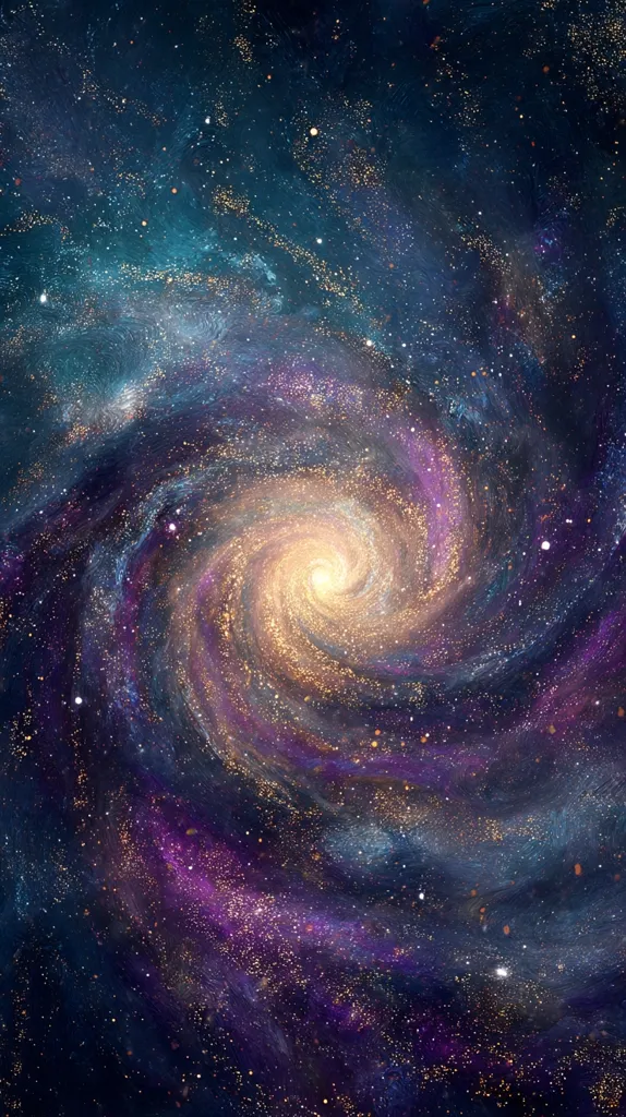 A vibrant spiral galaxy dominates the image, its swirling arms a mix of blues, purples, and golds.  Countless stars sparkle throughout the cosmic scene, creating a breathtaking display of celestial beauty. The galaxy's core glows with intense light, a radiant heart within the vast, dark expanse of space.  The overall effect is one of awe-inspiring grandeur and infinite mystery.