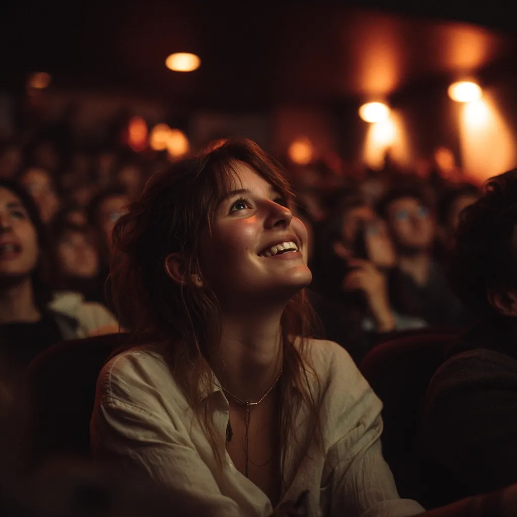 A young woman with long brown hair sits in a dimly lit theater, her face tilted upward, a smile of enjoyment on her lips.  The warm glow of the cinema lights illuminates her features, creating a warm, intimate atmosphere. Surrounding her are blurred figures, other audience members lost in the cinematic experience.  The image evokes a feeling of shared community and captivated attention.