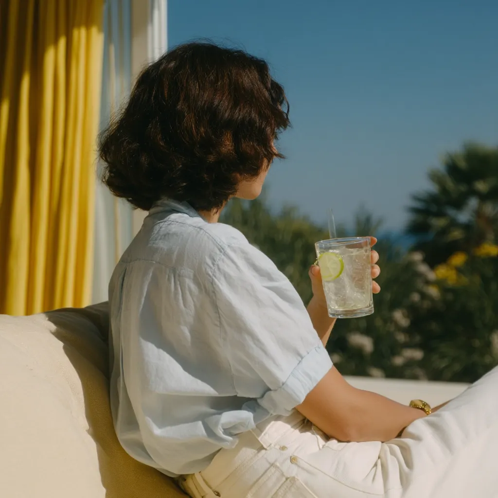 A woman with short, dark brown hair sits outdoors, enjoying a refreshing drink.  She's wearing a light blue linen shirt and cream-colored pants, relaxed against a light beige cushion.  The sun shines brightly, illuminating the scene.  A glass of iced beverage with a lime wedge is in her hand.  The background features a vibrant blue sky, lush greenery, and yellow curtains.