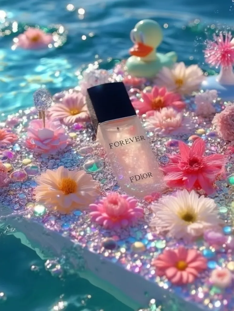 A Dior Forever foundation bottle rests on a glittering, iridescent surface adorned with pastel flowers and small decorative gems.  The scene is partially submerged in sparkling blue water, creating a dreamy, ethereal atmosphere. A pastel yellow rubber duck is visible in the background. The overall aesthetic is whimsical and feminine.
