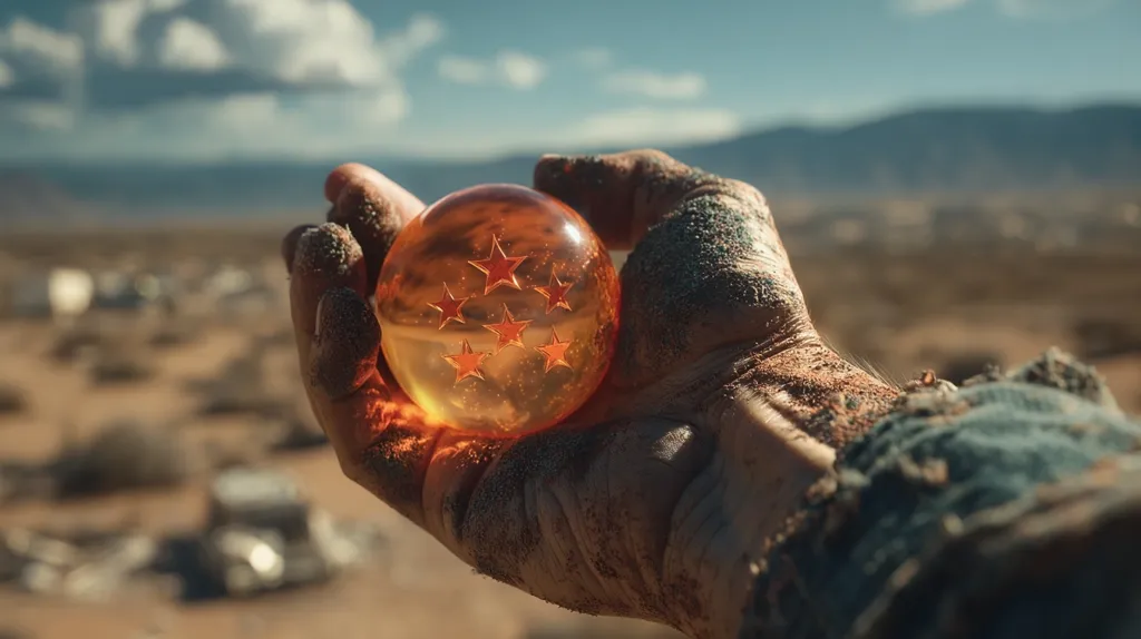 A weathered hand, caked in dirt, carefully cradles a Dragon Ball.  Seven stars gleam within the translucent orange sphere. The background is a blurred desert landscape under a partly cloudy sky, suggesting a desolate, post-apocalyptic setting. The image evokes a sense of adventure and the search for something precious and powerful.