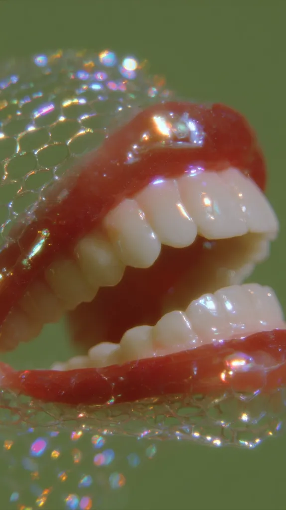 A close-up shot reveals a set of dentures submerged in iridescent bubbles.  The dentures, with their pink gums and pearly white teeth, are partially obscured by the shimmering, soap-like film. The background is a muted olive green, contrasting with the vibrant colors of the bubbles and dentures. The overall aesthetic is surreal and slightly unsettling.