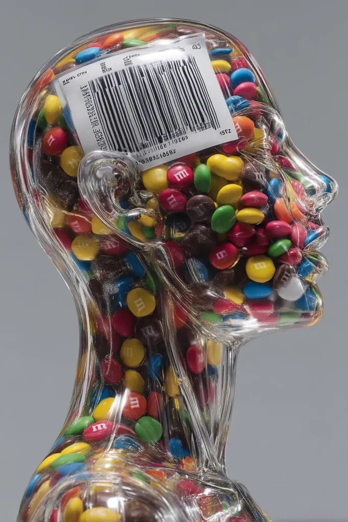 A transparent head sculpture is filled with colorful M&M's candies.  A barcode label is affixed to the top of the head, suggesting a commentary on consumerism or the mass-produced nature of food. The candies fill the entire form, creating a striking visual contrast between the anatomical shape and the sweet contents. The image is striking and thought-provoking.