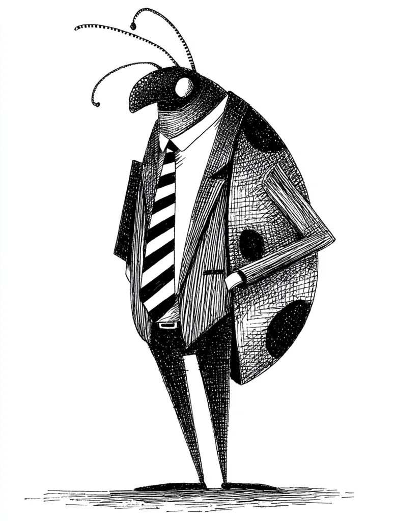 A black and white ink drawing depicts a ladybug anthropomorphized as a businessman.  The ladybug wears a suit and tie, its shell forming the back of its jacket.  Its antennae extend upward, and it stands with hands in its pockets, conveying a formal and slightly aloof demeanor. The detailed hatching creates a textured, almost three-dimensional effect. The overall style is whimsical yet sophisticated.