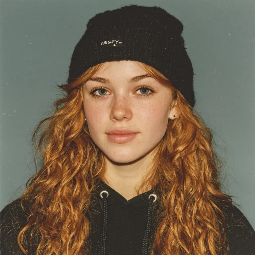 A young woman with long, curly, reddish-blonde hair wears a black beanie with a small logo.  Her freckled face is framed by her hair, and she has green eyes. She's wearing a black hoodie and looks directly at the camera with a neutral expression. The background is a muted teal.