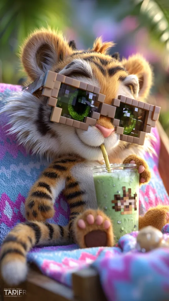An adorable cartoon tiger cub, wearing pixelated sunglasses, relaxes in a beach chair.  It enjoys a refreshing green smoothie through a straw.  The cub's paws are visible, and it's surrounded by a colorful blanket. The scene is idyllic and suggests a summer day.  The overall style is digitally rendered, with a focus on cute and charming details.