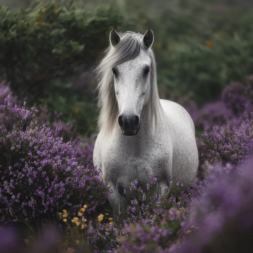 A stunning white horse, dappled with grey, stands amidst a vibrant field of purple heather.  Its long mane flows freely, and its gaze is direct and captivating. The soft light and muted background create a serene and ethereal atmosphere, highlighting the beauty of both the animal and its surroundings. The image evokes a sense of wildness and tranquility.