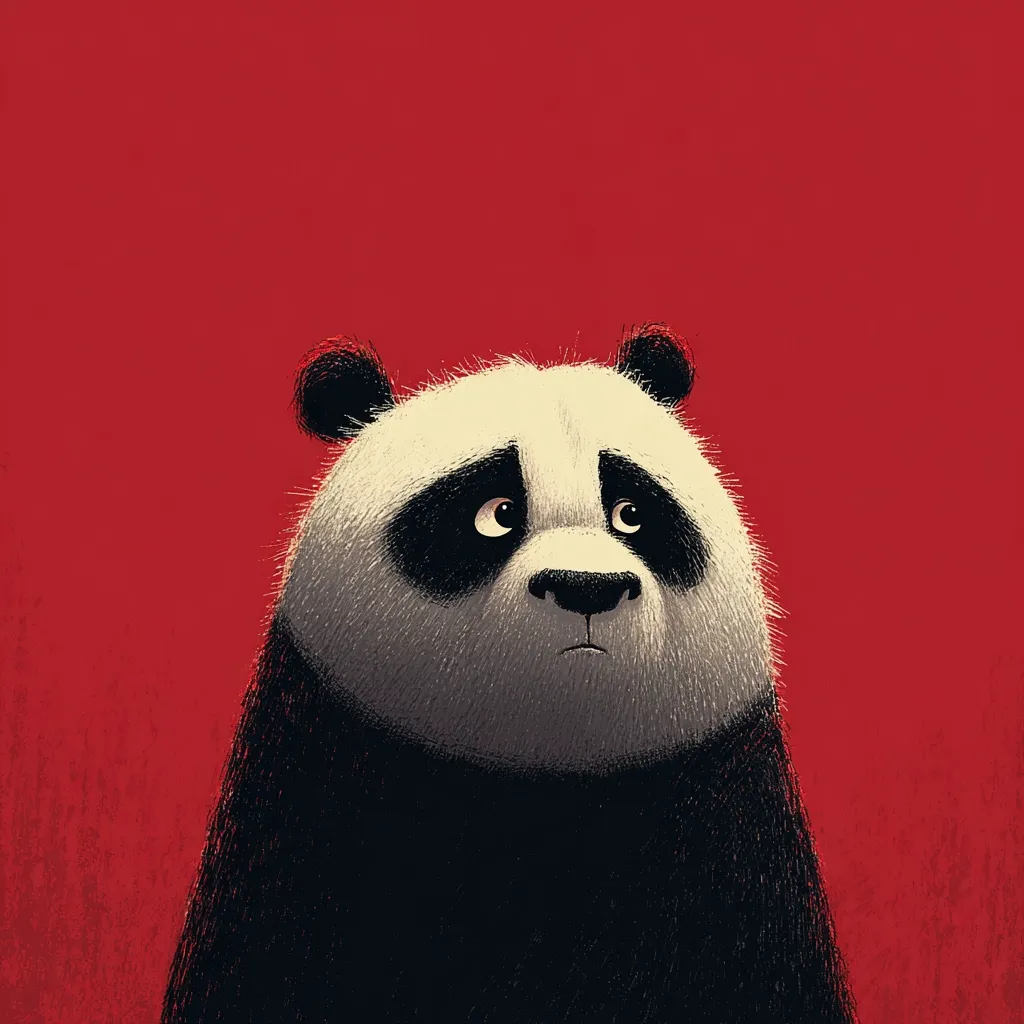A stylized illustration of a panda bear against a solid red background. The panda appears sad, its large eyes downcast, and its expression melancholic.  The art style is reminiscent of children's book illustration, with a focus on texture and simple forms. The panda's fur is depicted with short, slightly messy strokes.
