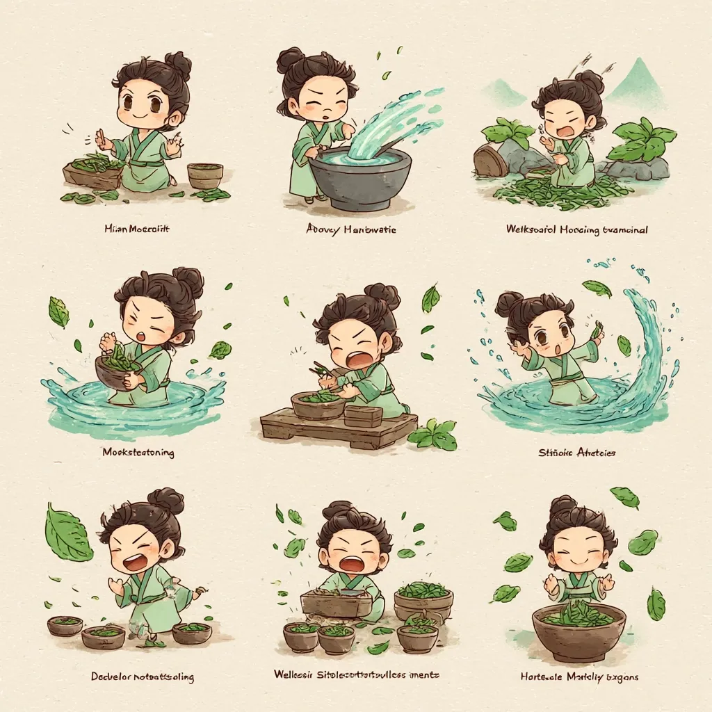 Nine charming illustrations depict a chibi-style character performing various tea-making steps.  The images, labeled with seemingly fictional words, showcase processes from leaf selection and washing to final preparation.  The art style is whimsical and cute, with expressive characters and dynamic splashes of water.  The overall scene suggests a lighthearted and playful approach to the traditional art of tea making.