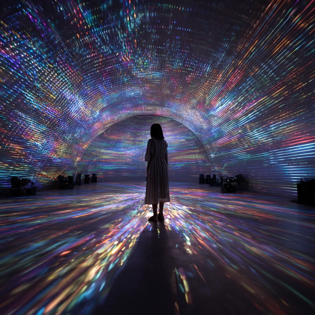 A woman stands silhouetted in a tunnel awash with vibrant, multicolored light streaks.  The immersive projection creates a mesmerizing, otherworldly atmosphere.  The tunnel's walls are covered in a dynamic display of light patterns resembling data streams or a cosmic scene. The overall effect is one of awe and wonder, transforming the space into a captivating, digital dreamscape.