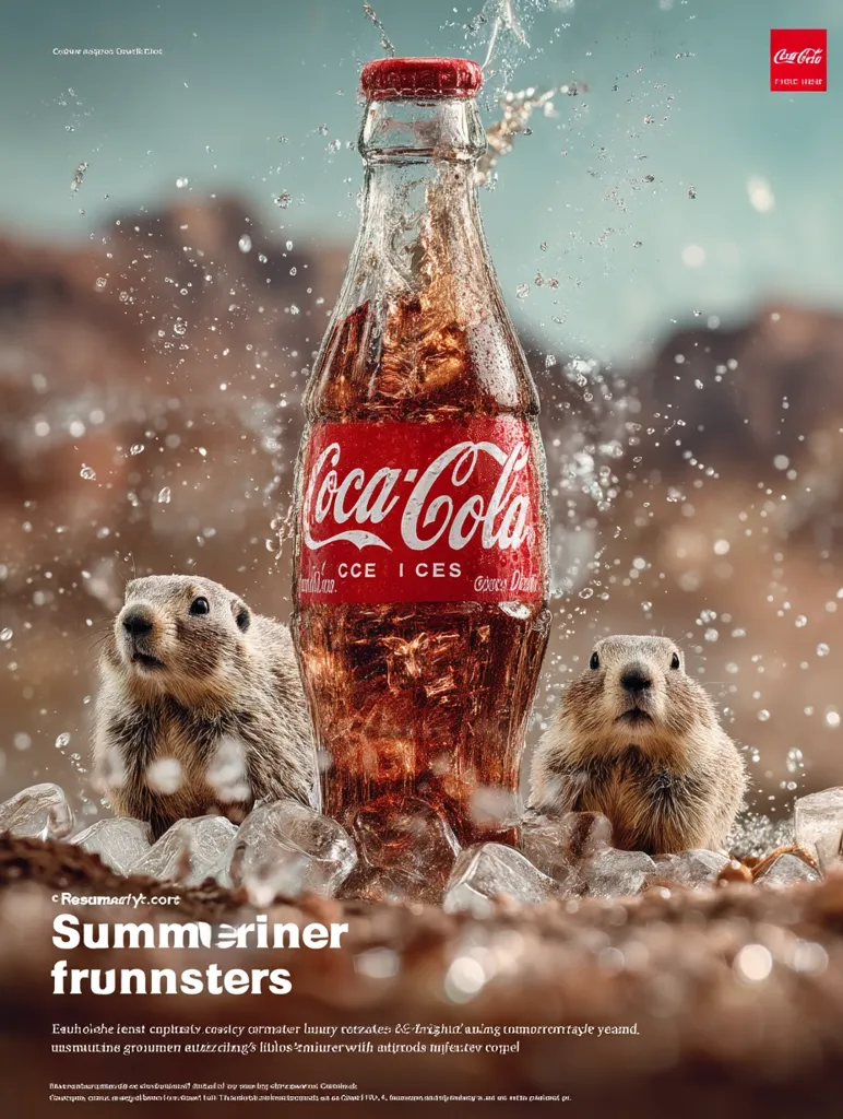 Two marmots flank a Coca-Cola bottle, ice cubes surrounding them.  Water splashes onto the bottle, creating a refreshing summer scene. The image is vibrant, showcasing the Coca-Cola branding prominently. The text suggests a summer theme, potentially a marketing campaign with a playful tone.  The background features a blurred desert landscape.
