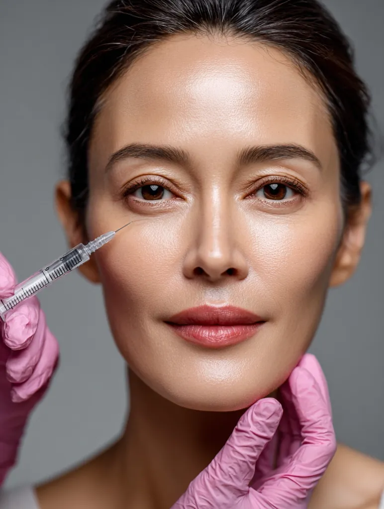 Close-up view of a woman receiving a cosmetic injection near her eye.  A gloved hand holds a syringe, administering the injection. The woman's expression is calm and neutral.  Her skin appears smooth and even-toned. The overall image suggests a focus on beauty treatments and aesthetic procedures.