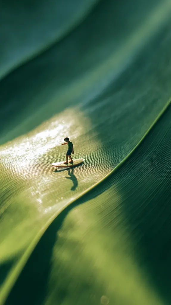 A miniature surfer rides a tiny surfboard across a large, vibrant green leaf.  The leaf's texture creates the illusion of a wave, with sunlight highlighting its curves. The scene is serene and whimsical, suggesting a miniature world of adventure and tranquility.  The surfer's small scale contrasts beautifully with the vastness of the leaf, creating a striking visual effect.
