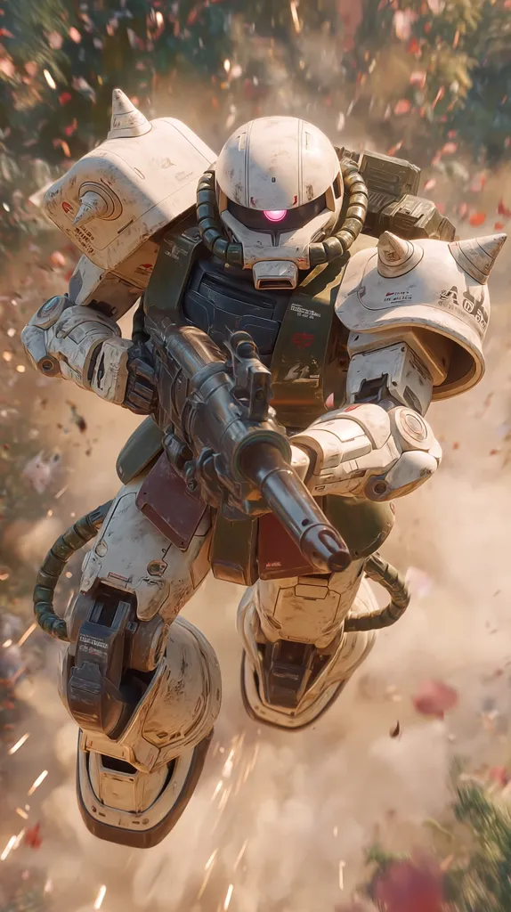 A weathered white and green mobile suit, possibly a Gundam, mid-stride in a battlefield.  It wields a large machine gun, sparks flying around its feet.  The background is blurred but shows a chaotic scene of dust and debris. The mecha's design suggests wear and tear from battle.  The overall image is dynamic and action-packed, conveying a sense of intense conflict.