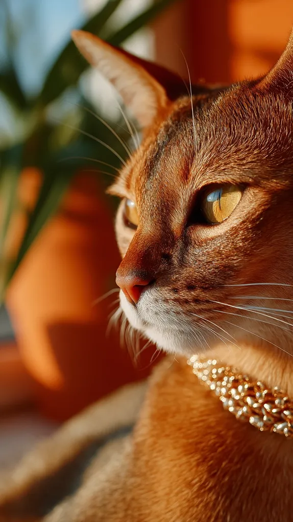 Close-up profile of an Abyssinian cat.  Its rich, reddish-brown fur is highlighted by sunlight.  The cat's intense, golden eyes are striking, and it wears a gold beaded collar. The background is blurred, focusing attention on the cat's elegant features.  The image evokes a sense of warmth and luxury.