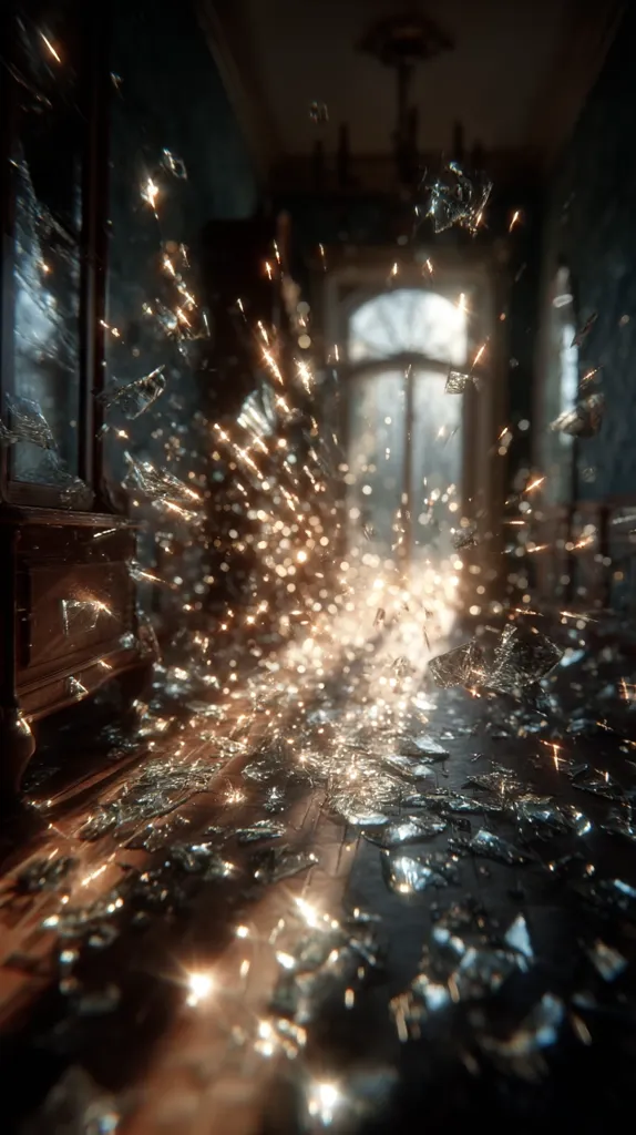 Shattered glass explodes from an unseen source in a dimly lit hallway, the fragments scattering across the wooden floor.  Golden light flares from the explosion, illuminating the debris and casting a dramatic glow on the antique furnishings. The scene is evocative of destruction and decay within a once-grand interior, creating a sense of mystery and suspense.  A window at the far end of the hallway offers a glimpse of a muted outdoor scene.