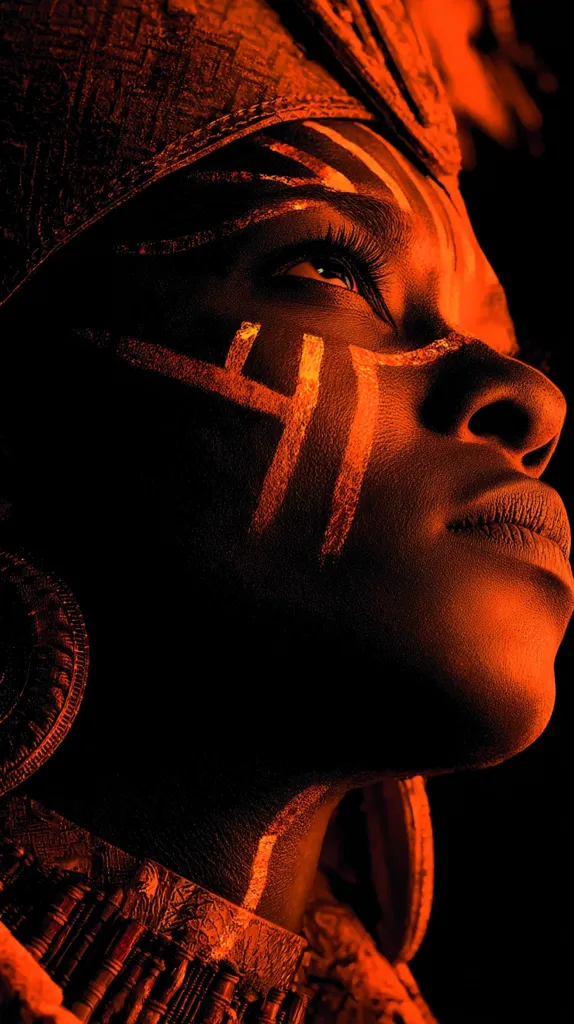 Close-up profile of a person with dark skin adorned in orange and gold tribal markings and elaborate headwear and jewelry. The lighting is dramatic, casting the subject in a fiery, almost otherworldly glow against a dark background. The image evokes a sense of power and mystery.