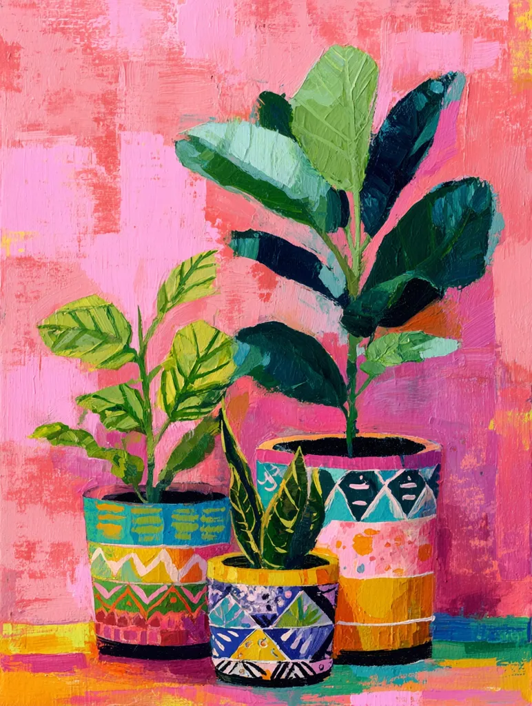 A vibrant painting depicts three potted plants against a bright pink background.  The plants, with lush green leaves, are displayed in colorful, patterned pots featuring geometric designs in bold hues of turquoise, pink, yellow, and black. The style is expressive and textural, with visible brushstrokes adding to the artwork's energy and playful feel. The overall composition is cheerful and evokes a sense of summer.