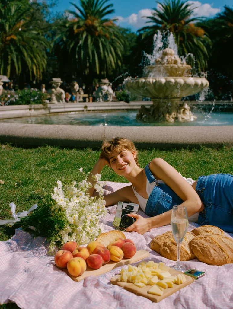 A young woman lies on a picnic blanket in a park, enjoying a leisurely afternoon.  Surrounded by peaches, cheese, bread, and a bouquet of flowers, she holds a vintage camera. A fountain and lush greenery form a picturesque backdrop.  Sunlight bathes the scene, creating a warm and idyllic summer atmosphere. A glass of champagne adds to the celebratory mood.