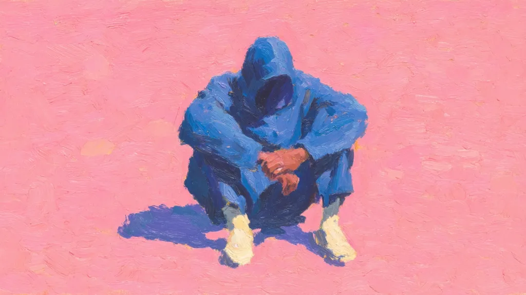 A painting depicts a person in a blue hooded sweatshirt sitting with their knees drawn up to their chest.  The figure's head is bowed, obscuring their face. The style is impasto, with visible brushstrokes, against a vibrant pink background. The overall impression is one of solitude and introspection.  The figure's posture and the color contrast create a mood of quiet contemplation.