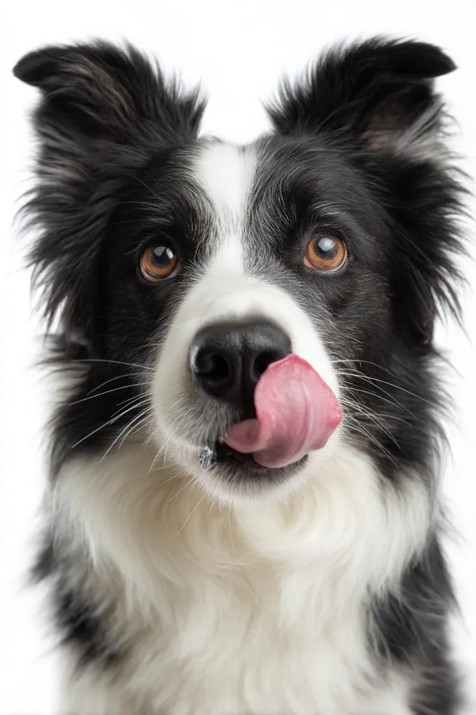A close-up shot of a Border Collie's face against a white background.  The dog's tongue is playfully out, its ears are perked up, and its expressive eyes look directly at the camera. The black and white fur is clearly visible, showcasing the breed's distinctive markings. The overall impression is one of playful anticipation or eagerness.