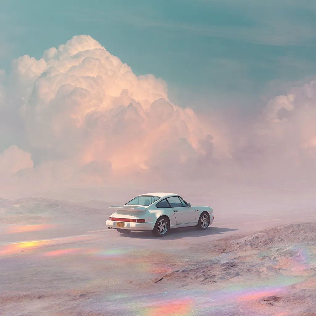 A white Porsche 911 Carrera drives across a pastel-colored desert landscape.  A massive, fluffy cloud dominates the sky, casting a soft, ethereal light. The scene evokes a feeling of serene solitude and peaceful journey.  The rainbow-hued reflections on the ground add a touch of magical realism.