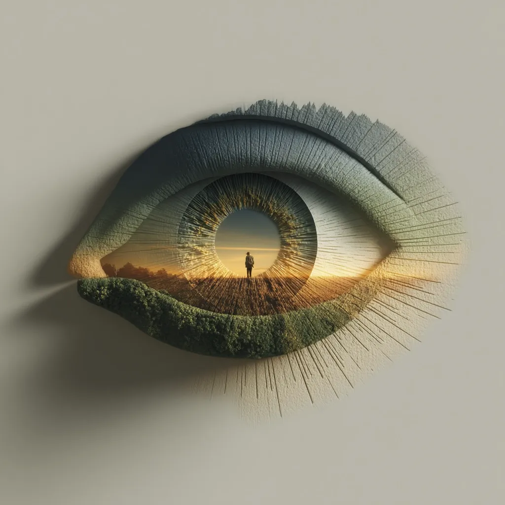 A stylized eye, sculpted with textured detail, holds a miniature landscape within its pupil.  A solitary figure stands in a field at sunset, visible through the iris. The eye's design suggests depth and introspection, merging natural elements with an artistic representation of vision and perspective. The overall tone is serene and contemplative.