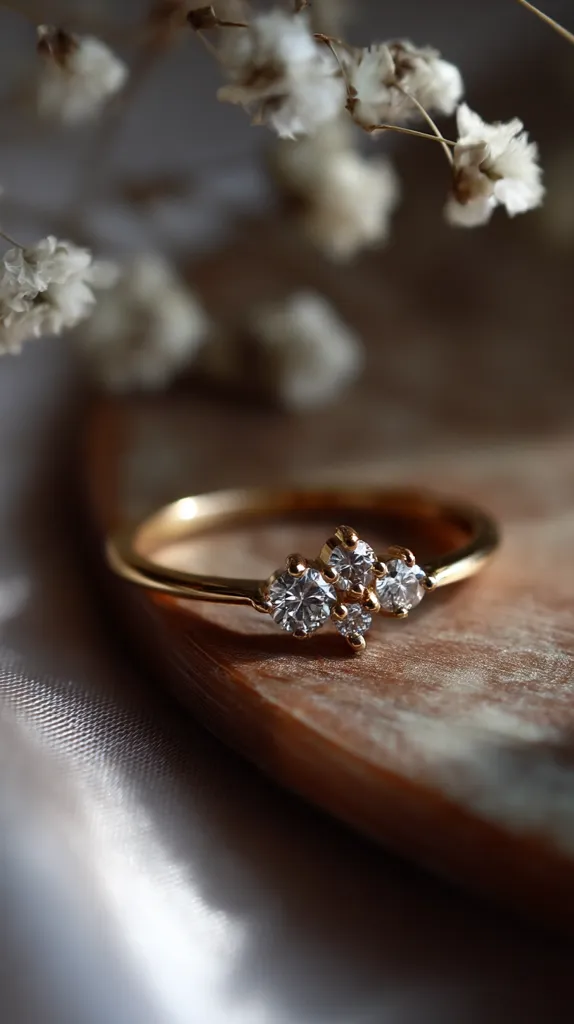 A delicate gold ring adorned with a cluster of small, sparkling diamonds rests on a rustic wooden surface.  The ring's simple band contrasts beautifully with the radiant gemstones. Dried white flowers softly blur in the background, creating a romantic and ethereal atmosphere.  The overall image evokes a sense of elegance and understated luxury.