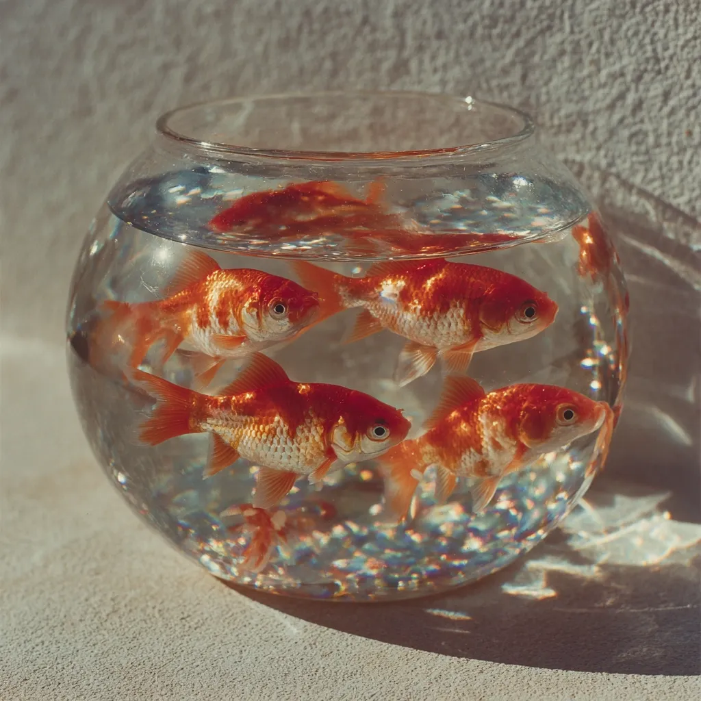 A clear glass bowl houses four vibrant orange goldfish.  The fish swim gracefully in the water, their scales shimmering in the sunlight.  Small, iridescent pebbles decorate the bottom of the bowl, adding to the scene's aesthetic appeal. The bowl sits on a light beige surface, casting a subtle shadow. The overall image evokes a sense of calm and tranquility.