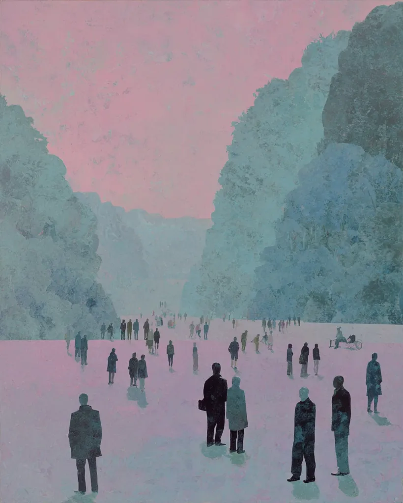 A serene landscape painting depicts a multitude of figures strolling across a pale pink expanse, flanked by muted teal-toned trees. The sky is a soft pinkish hue, creating a tranquil and somewhat dreamlike atmosphere. The figures are small and indistinct, their individual features lost in the overall composition, enhancing the sense of anonymity and quiet contemplation. The painting evokes a feeling of peaceful solitude amidst a crowd.