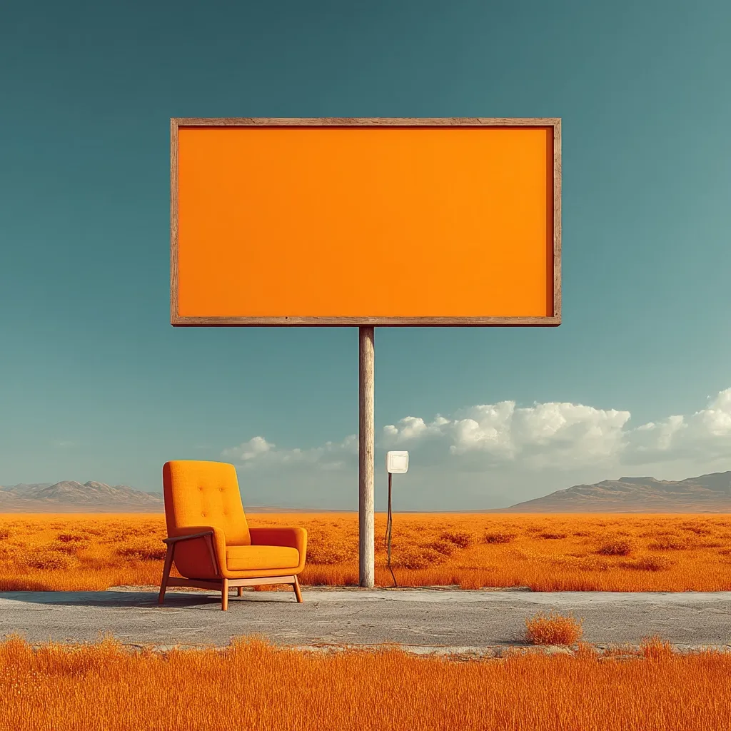 A vibrant orange armchair sits beneath a large, blank orange billboard in a desolate, sun-drenched landscape.  The field stretches to distant mountains under a clear blue sky.  A small, white box is mounted on the billboard's post. The scene is surreal and minimalist, suggesting themes of waiting, contemplation, or the vastness of open space.
