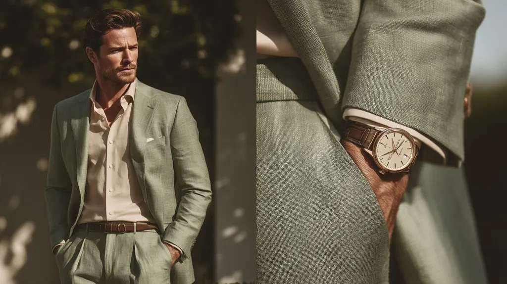 A stylish man in a light green linen suit stands outdoors.  His outfit is complemented by a beige shirt and brown leather belt.  The close-up shows a detail of his rose gold wristwatch with a light-colored face,  a sophisticated accessory completing the elegant ensemble. The sun casts shadows, enhancing the texture of the fabric.