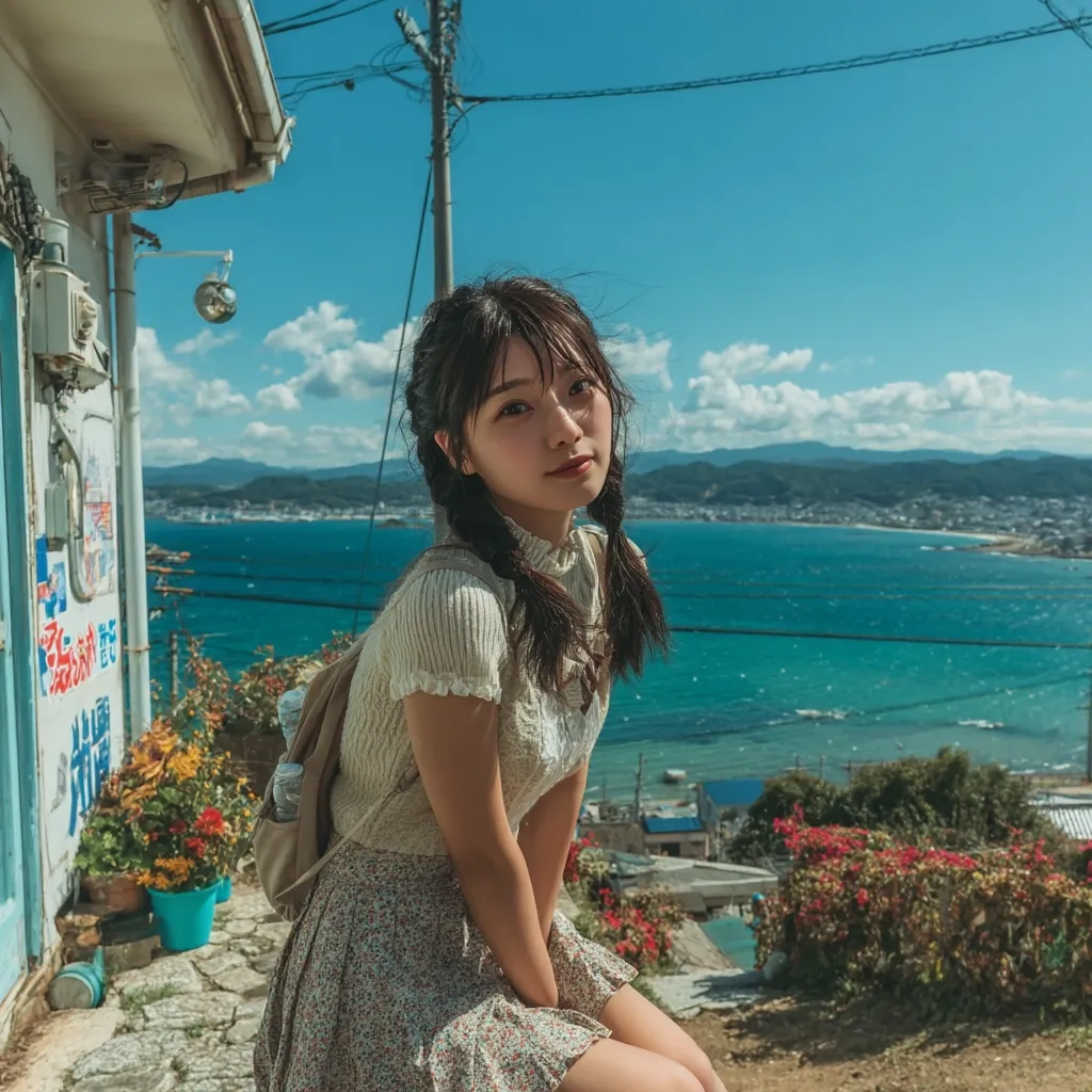 A young woman with pigtails sits on a stone path, overlooking a vibrant blue ocean and distant mountains. She wears a cream-colored knitted top and a floral skirt, carrying a tan backpack.  Flowers in pots are beside her, adding color to the scene. The backdrop features a weathered building and power lines against a bright, sunny sky.  The overall impression is one of peaceful serenity.