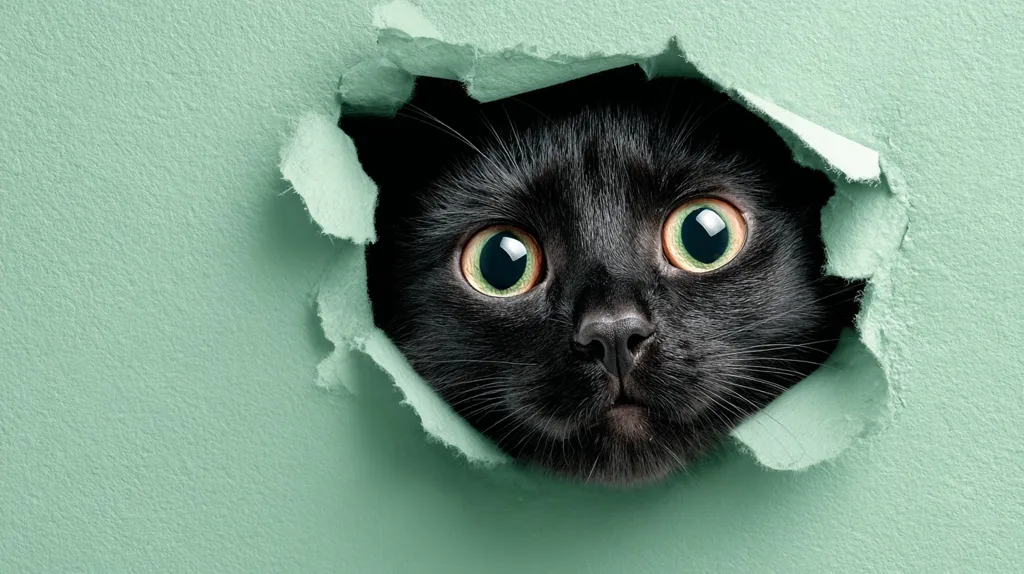 A black cat with wide, curious eyes peers through a hole in a light green wall.  The cat's face is centered in the torn opening, its expression a mix of surprise and inquisitiveness.  The texture of the torn paper and the cat's soft fur create a contrast. The overall image is playful and intriguing.